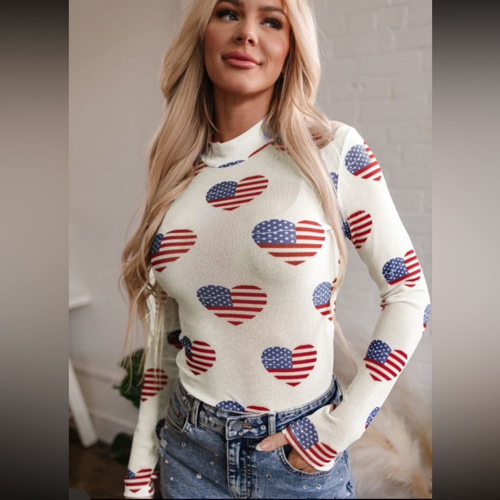 1054. Heart Flag glitter mesh long sleeve sheer bodysuit white